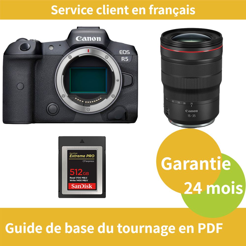 Canon EOS R5 Camera + Canon RF 15-35mm f/2.8 L IS USM Lens + SanDisk 512GB Extreme SD Card (PRO CFexpress Type B)