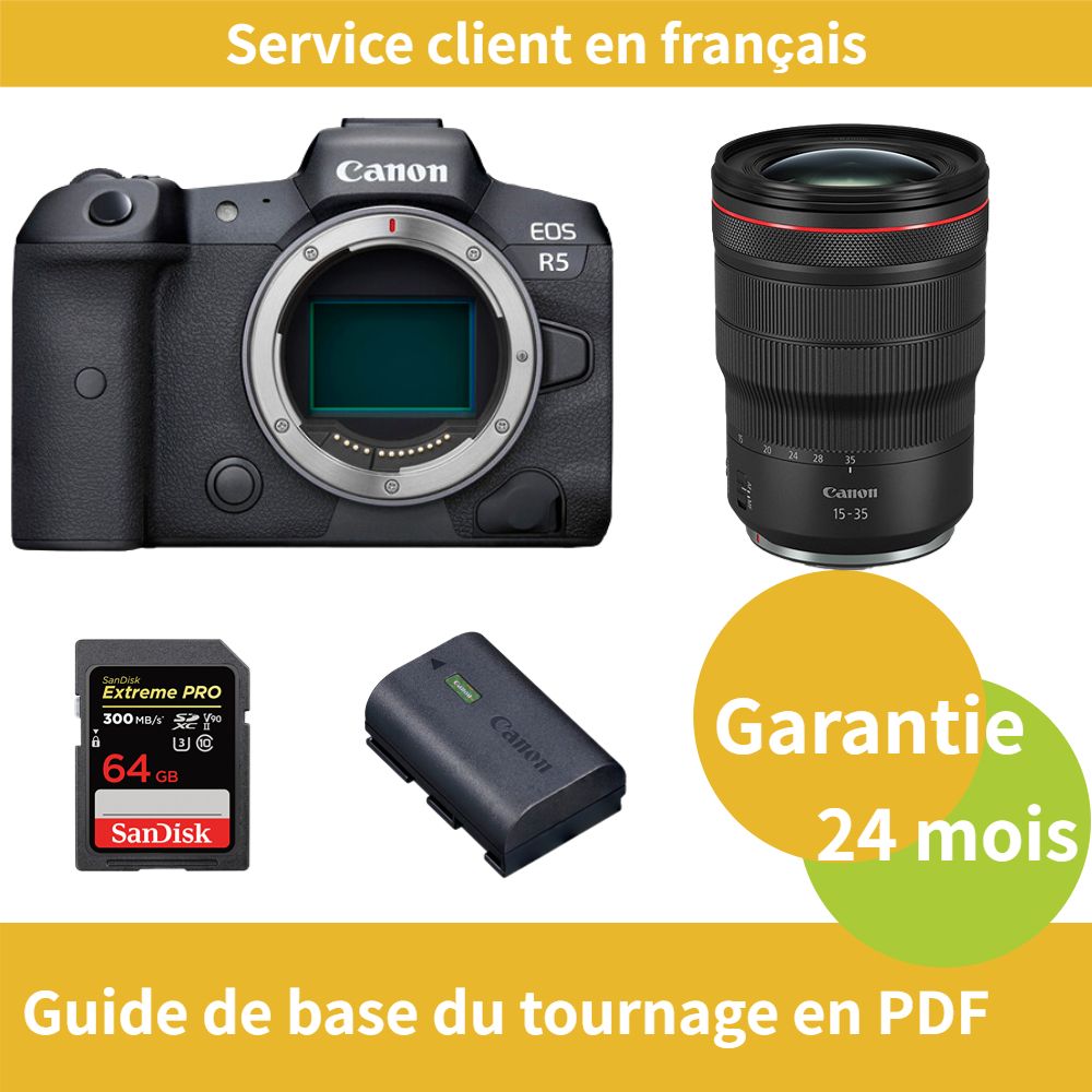 Appareil photo Canon EOS R5 + Objectif Canon RF 15-35mm f/2,8 L IS USM + Batterie officielle Canon LP-E6NH + Carte SDXC UHS-II SanDisk 64 Go Extreme PRO
