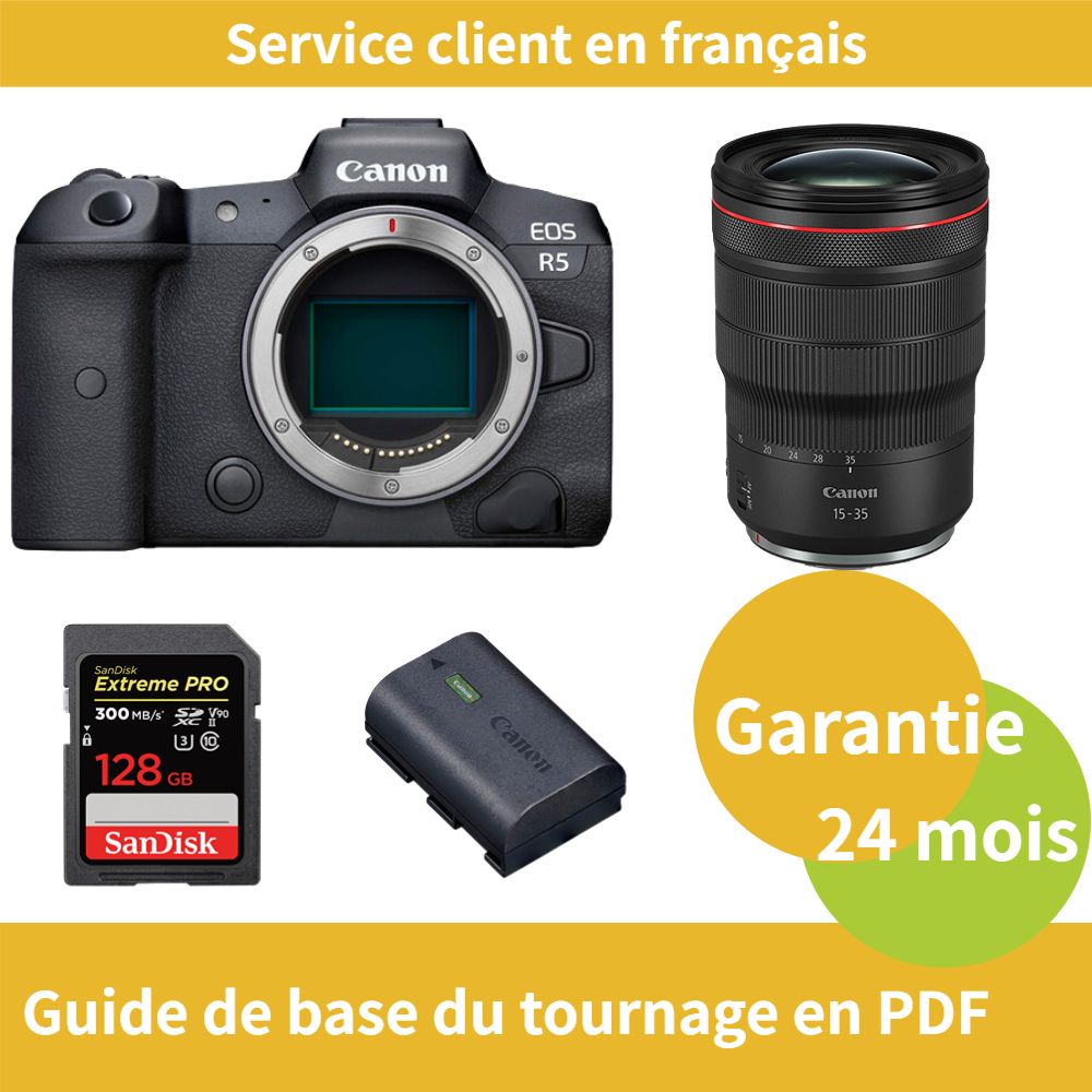Appareil photo Canon EOS R5 + Objectif Canon RF 15-35 mm f/2,8 L IS USM + Batterie officielle Canon LP-E6NH + Carte SDXC UHS-II SanDisk 128 Go Extreme PRO