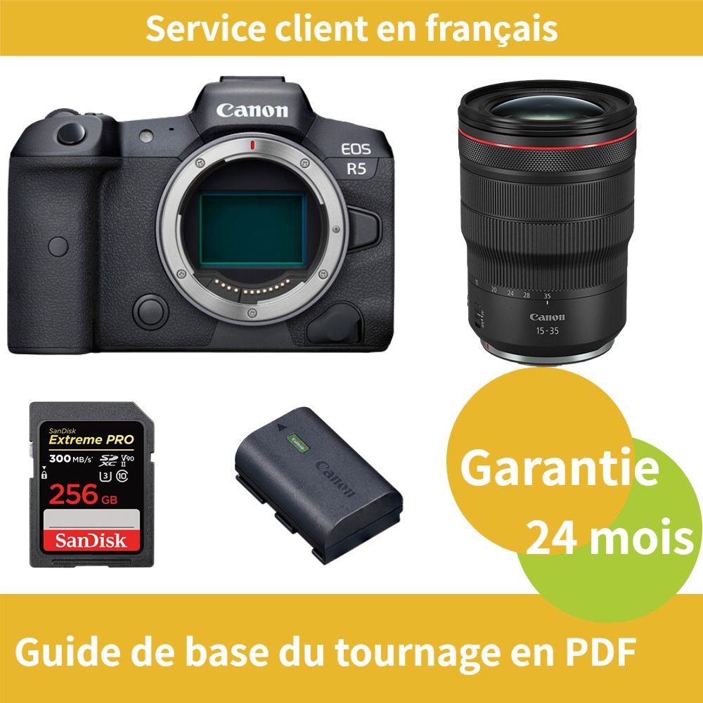 Appareil photo Canon EOS R5 + Objectif Canon RF 15-35mm f/2,8 L IS USM + Batterie officielle Canon LP-E6NH + Carte SDXC UHS-II SanDisk 256 Go Extreme PRO