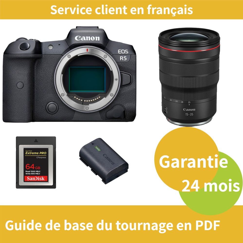 Appareil photo Canon EOS R5 + Objectif Canon RF 15-35mm f/2.8 L IS USM + Batterie officielle Canon LP-E6NH + Carte SD SanDisk 64 Go Extreme (Type B CFexpress PRO)