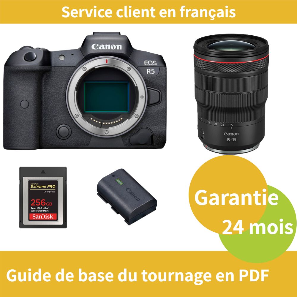 Appareil photo Canon EOS R5 + Objectif Canon RF 15-35mm f/2.8 L IS USM + Batterie officielle Canon LP-E6NH + Carte SD professionnelle SanDisk 256 Go Extreme CFexpress Type B