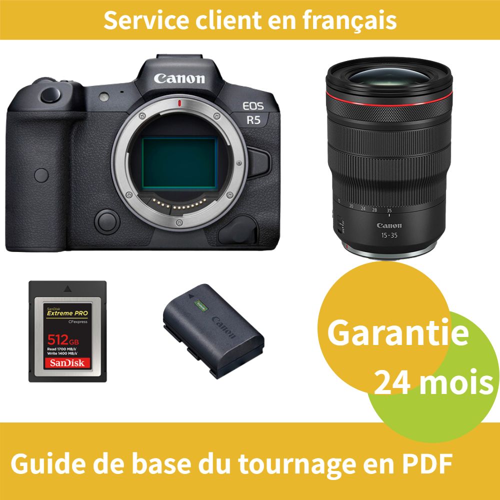 Canon EOS R5 Camera + Canon RF 15-35mm f/2.8 L IS USM Lens + Official Canon LP-E6NH Battery + SanDisk 512GB Extreme SD Card (PRO CFexpress Type B)