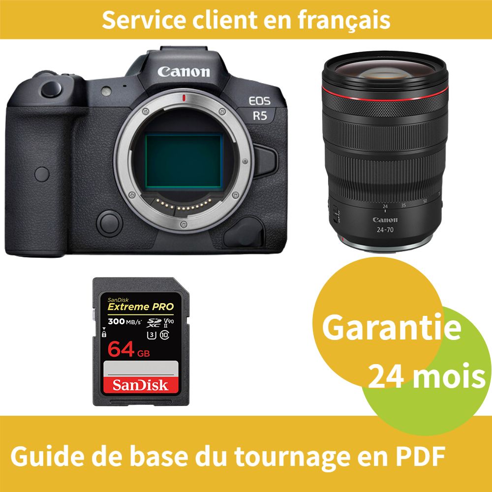 Canon EOS R5 Camera + Canon RF 24-70mm f/2.8 L IS USM Lens + SanDisk 64GB Extreme PRO SDXC UHS-II Card