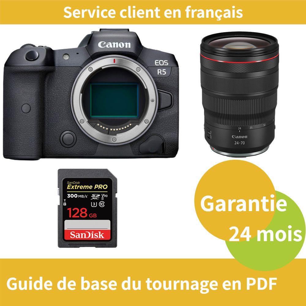 Canon EOS R5 Camera + Canon RF 24-70mm f/2.8 L IS USM Lens + SanDisk 128GB Extreme PRO SDXC UHS-II Card