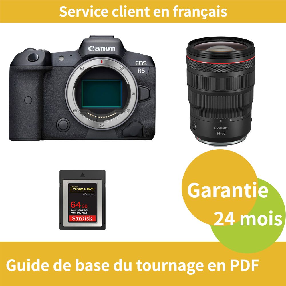 Canon EOS R5 Camera + Canon RF24-70mm f/2.8 L IS USM Lens + SanDisk 64GB Extreme SD Card (PRO CFexpress Type B)