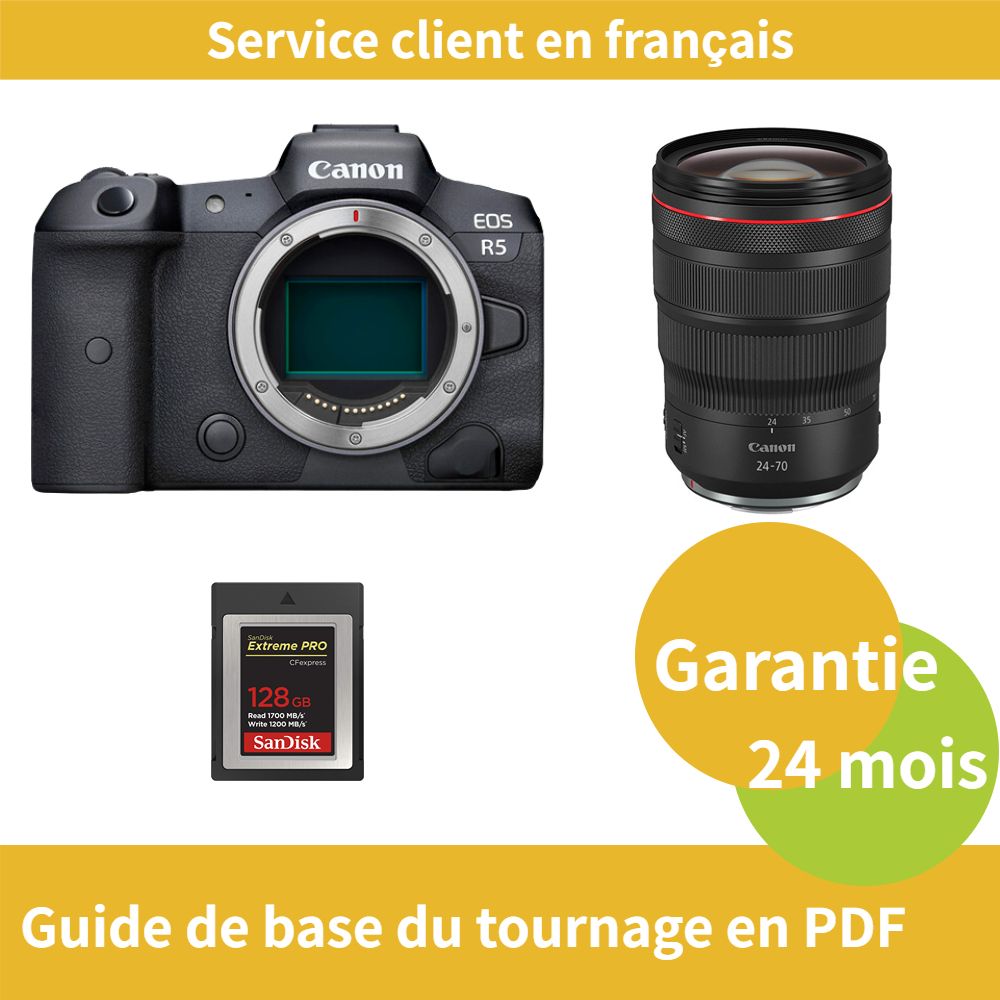 Canon EOS R5 Camera + Canon RF24-70mm f/2.8L IS USM Lens + SanDisk 128GB Extreme SD Card (PRO CFexpress Type B)