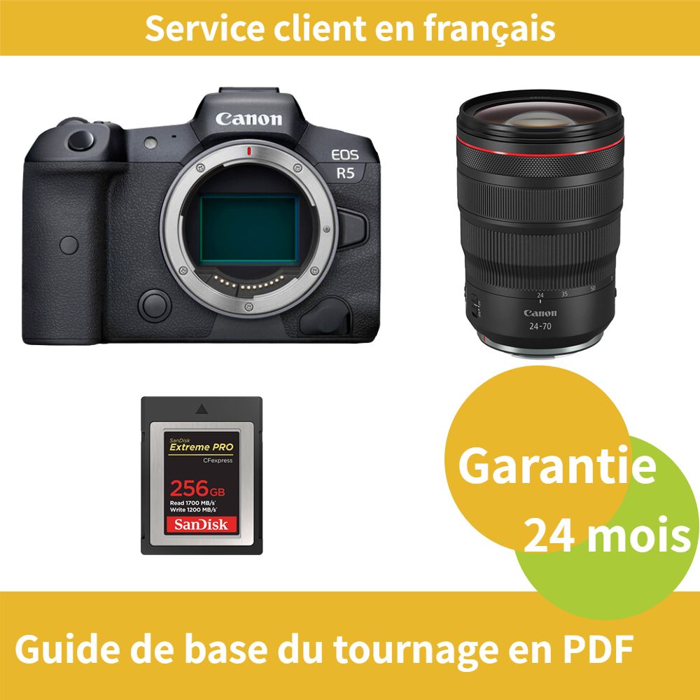 Canon EOS R5 Camera + Canon RF 24-70mm f/2.8 L IS USM Lens + SanDisk 256GB Extreme SD Card (Type B)