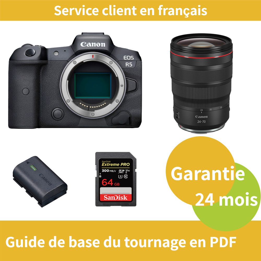 Appareil photo Canon EOS R5 + Objectif Canon RF 24-70mm f/2.8 L IS USM + Batterie officielle Canon LP-E6NH + Carte SDXC UHS-II SanDisk 64 Go Extreme PRO