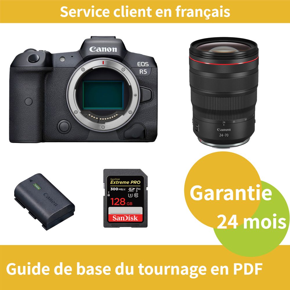 Appareil photo Canon EOS R5 + Objectif Canon RF 24-70mm f/2.8 L IS USM + Batterie officielle Canon LP-E6NH + Carte SDXC UHS-II SanDisk 128 Go Extrême PRO