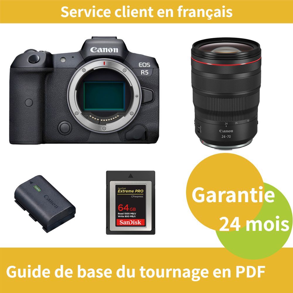 Appareil photo Canon EOS R5 + Objectif Canon RF 24-70mm f/2.8 L IS USM + Batterie officielle Canon LP-E6NH + Carte SD SanDisk 64 Go Extreme PRO CFexpress Type B
