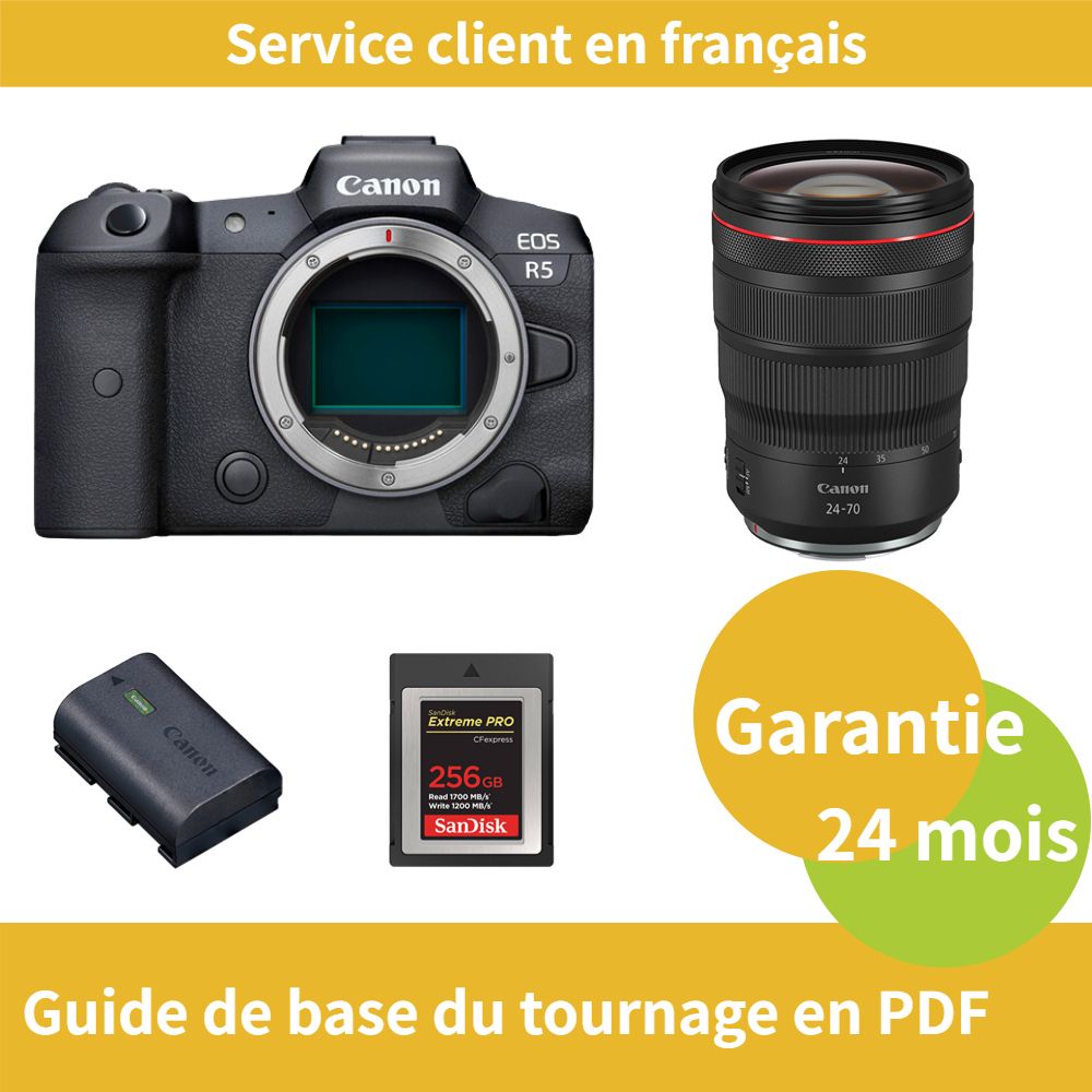 Appareil photo Canon EOS R5 + Objectif RF 24-70mm f/2.8 L IS USM + Batterie Canon LP-E6NH officielle + Carte SD SanDisk 256 Go Extreme (Type B)