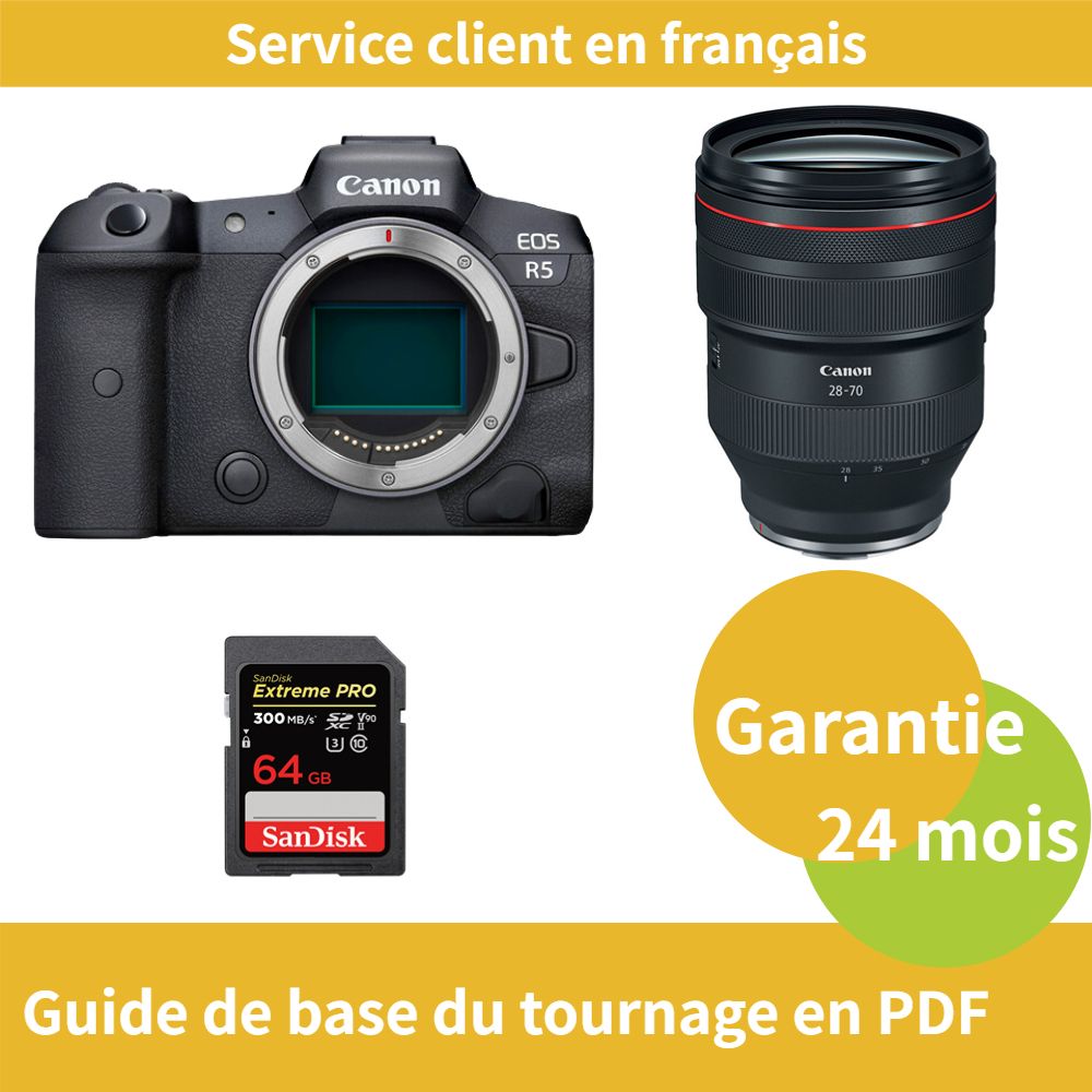 Canon EOS R5 Camera + Canon RF 28-70mm f/2L USM Lens + SanDisk 64GB Extreme PRO SDXC UHS-II Card
