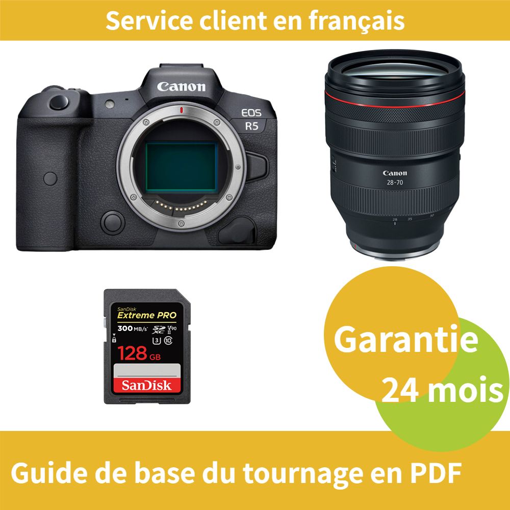 Canon EOS R5 Camera + Canon RF 28-70mm f/2L USM Lens + SanDisk 128GB Extreme PRO SDXC UHS-II Card