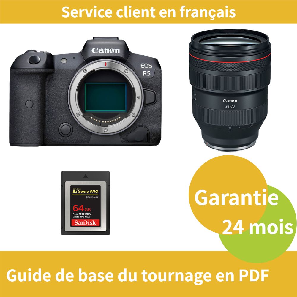 Canon EOS R5 Camera + Canon RF 28-70mm f/2L USM Lens + SanDisk 64GB Extreme SD Card (Type B)