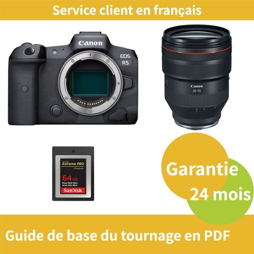 Canon EOS R5 Camera + Canon RF 28-70mm f/2L USM Lens + SanDisk 64GB Extreme SD Card (Type B)