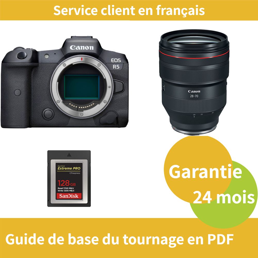 Canon EOS R5 Camera + Canon RF 28-70mm f/2L USM Lens + SanDisk 128GB Extreme SD Card (Type B)