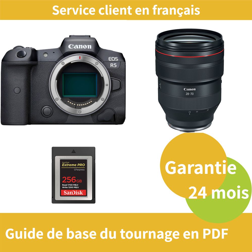 Appareil photo Canon EOS R5 + Objectif RF 28-70mm f/2L USM + Carte SD SanDisk 256 Go Extrême (Type B)