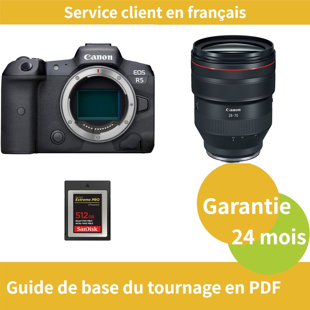 Appareil photo Canon EOS R5 + Objectif RF 28-70mm f/2L USM + Carte SD SanDisk 512 Go Extrême (Type B)