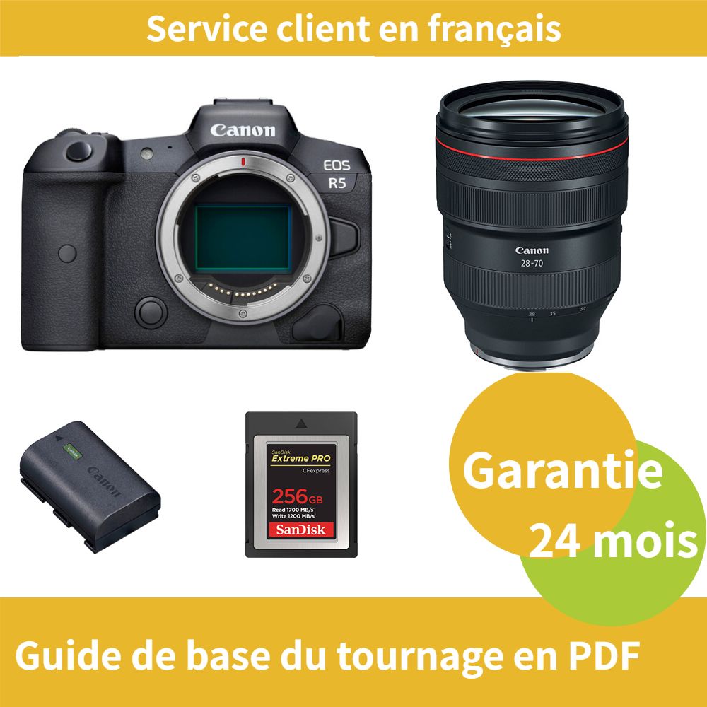 Canon EOS R5 Camera + Canon RF 28-70mm f/2L USM Lens + Official Canon LP-E6NH Battery + SanDisk 256GB Extreme SD Card (Type B)