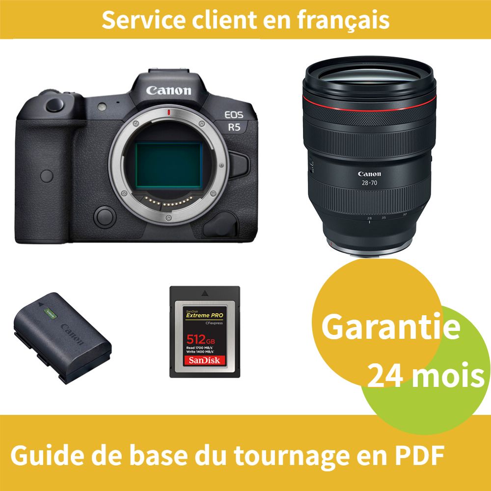 Appareil photo Canon EOS R5 + Objectif RF 28-70mm f/2L USM + Batterie LP-E6NH Officielle + Carte SD SanDisk 512 Go Extreme PRO CFexpress Type B