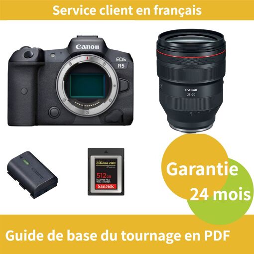 Canon EOS R5 Camera + RF 28-70mm f/2L USM Lens + LP-E6NH Battery + SanDisk 512GB Extreme SD Card (Type B)