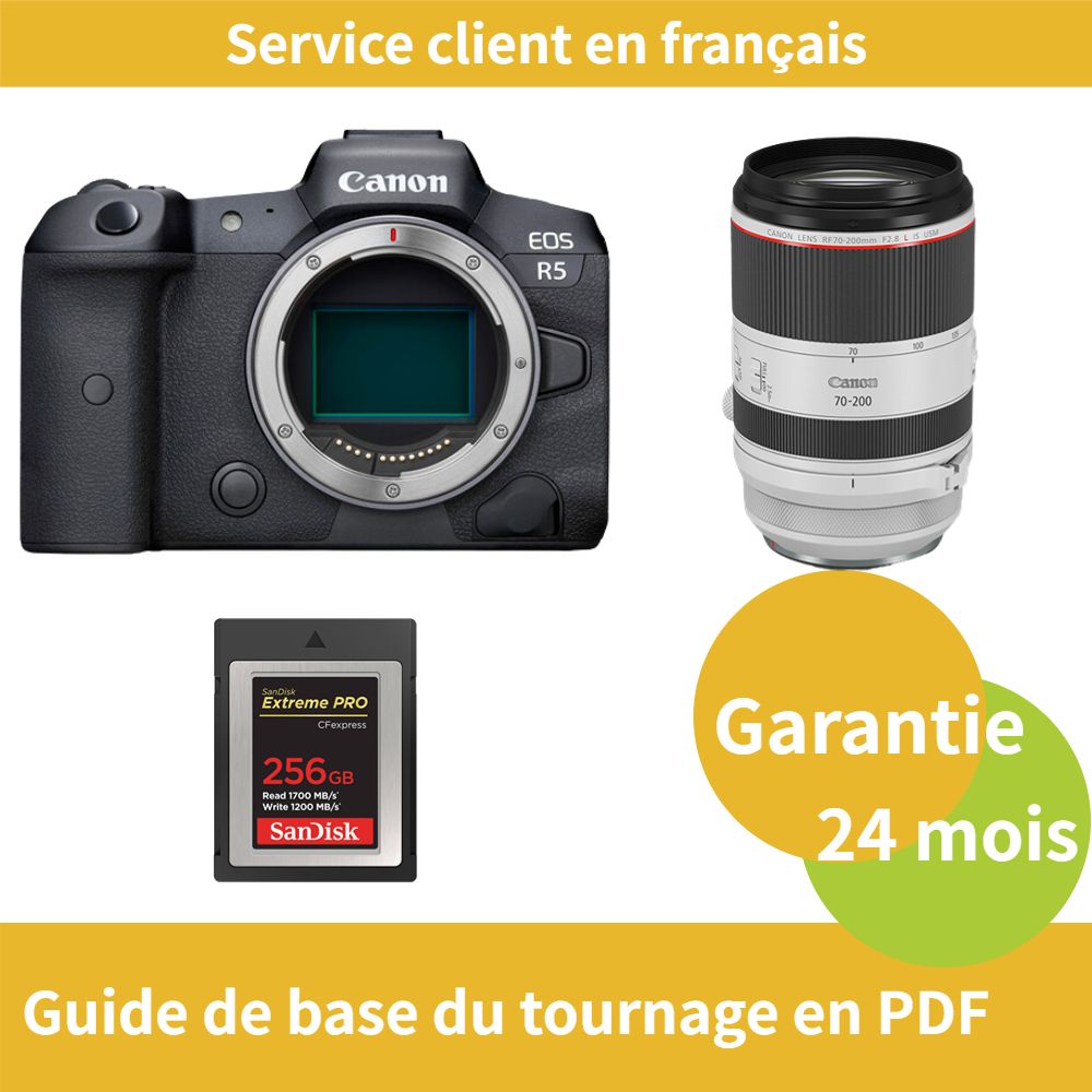 Appareil photo Canon EOS R5 + Objectif Canon RF 70-200mm f/2,8 L IS USM + Carte SD SanDisk 256 Go Extrême (Type B PRO CFexpress)