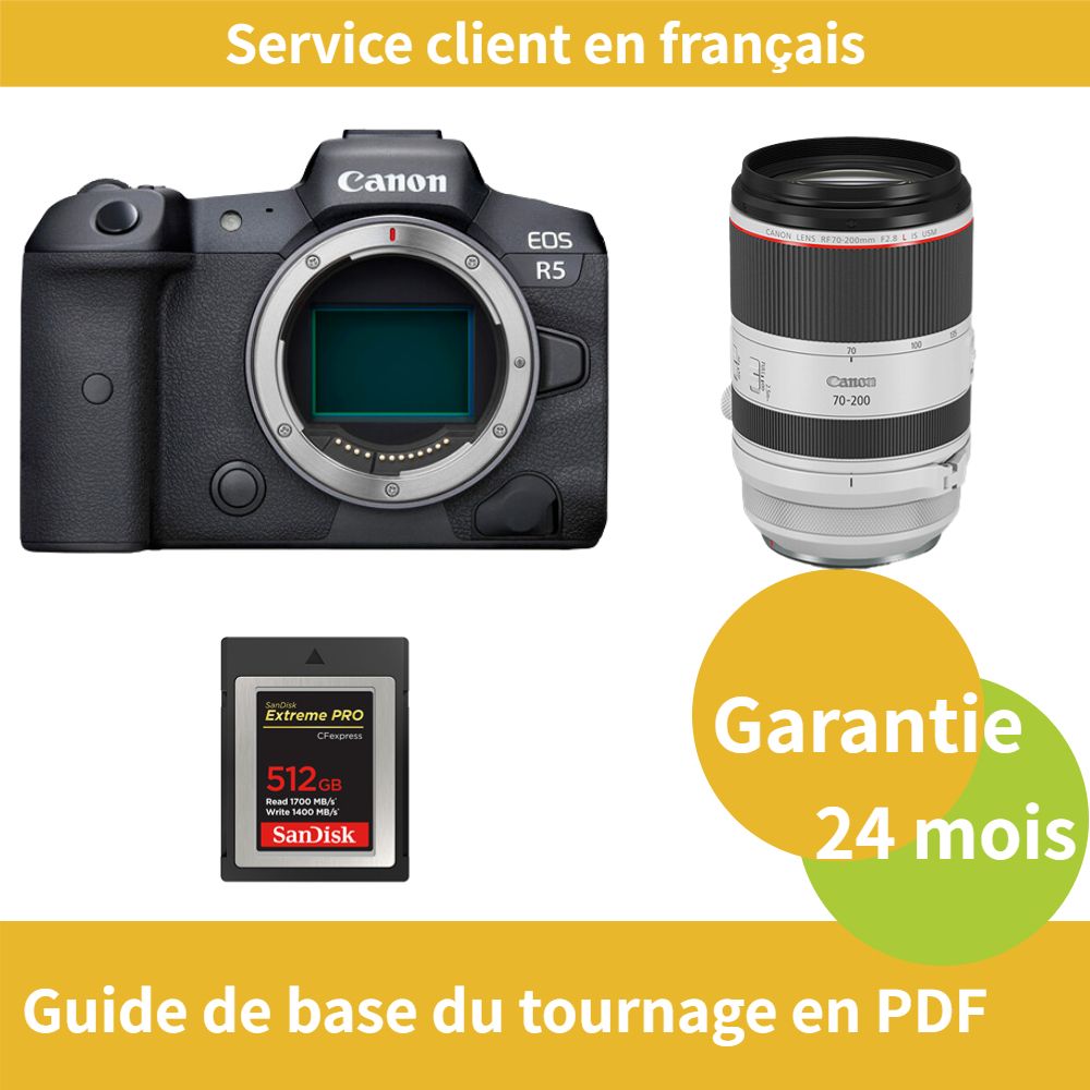 Appareil photo Canon EOS R5 + Objectif Canon RF 70-200mm f/2,8 L IS USM + Carte SD SanDisk 512 Go Extrême (Type B)
