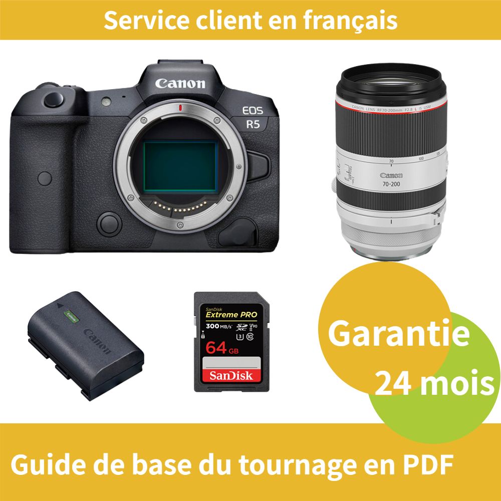 Appareil photo Canon EOS R5 + Objectif Canon RF 70-200mm f/2,8 L IS USM + Batterie officielle Canon LP-E6NH + Carte SDXC UHS-II SanDisk 64 Go Extreme PRO