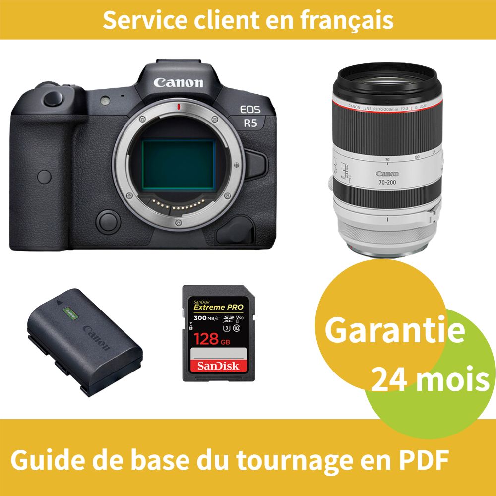 Appareil photo Canon EOS R5 + Objectif Canon RF 70-200mm f/2,8 L IS USM + Batterie officielle Canon LP-E6NH + Carte SDXC SanDisk 128 Go Extreme PRO UHS-II