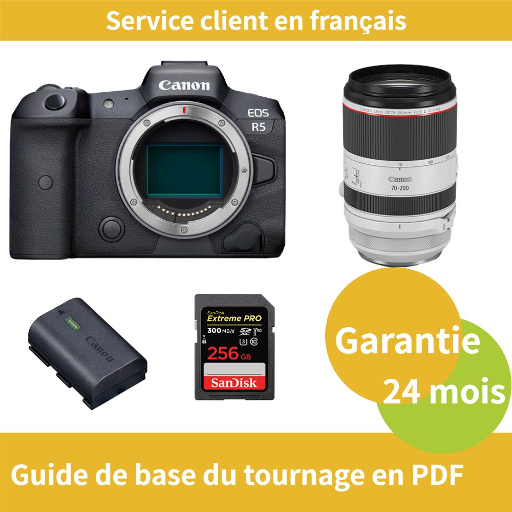 Appareil photo Canon EOS R5 + Objectif Canon RF 70-200mm f/2,8 L IS USM + Batterie officielle Canon LP-E6NH + Carte SDXC UHS-II SanDisk 256 Go Extrême PRO