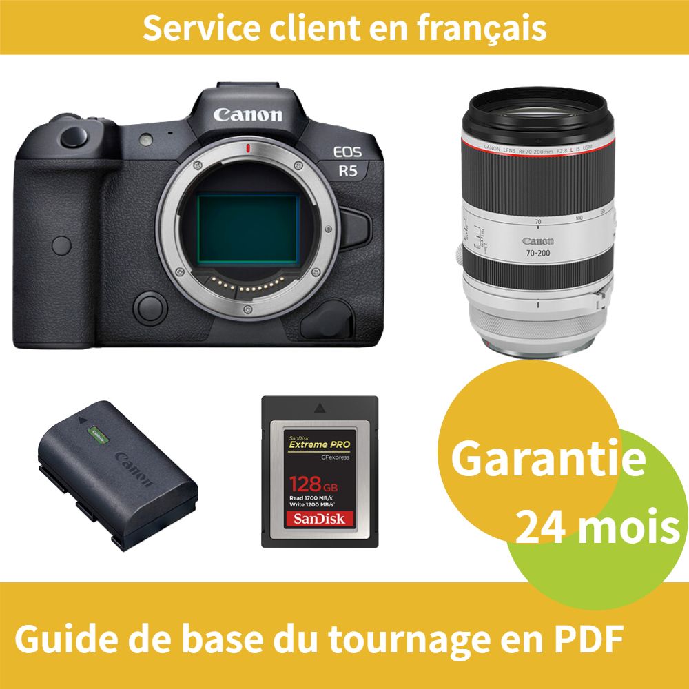 Canon EOS R5 Camera + RF 70-200mm f/2.8 L IS USM Lens + Canon LP-E6NH Battery + SanDisk 128GB Extreme SD Card (Type B)