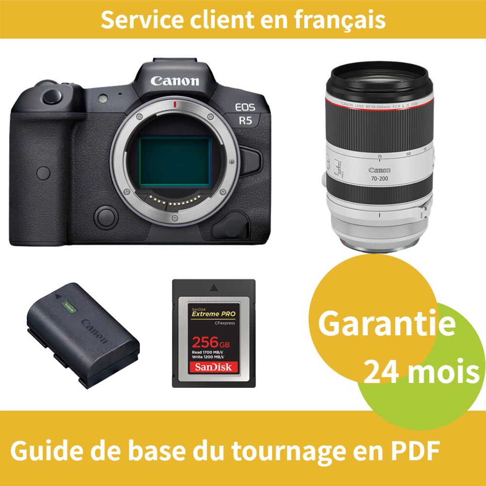 Appareil photo Canon EOS R5 + Objectif Canon RF 70-200mm f/2,8 L IS USM + Batterie officielle Canon LP-E6NH + Carte SD Sandisk 256 Go Extrême (Type B)
