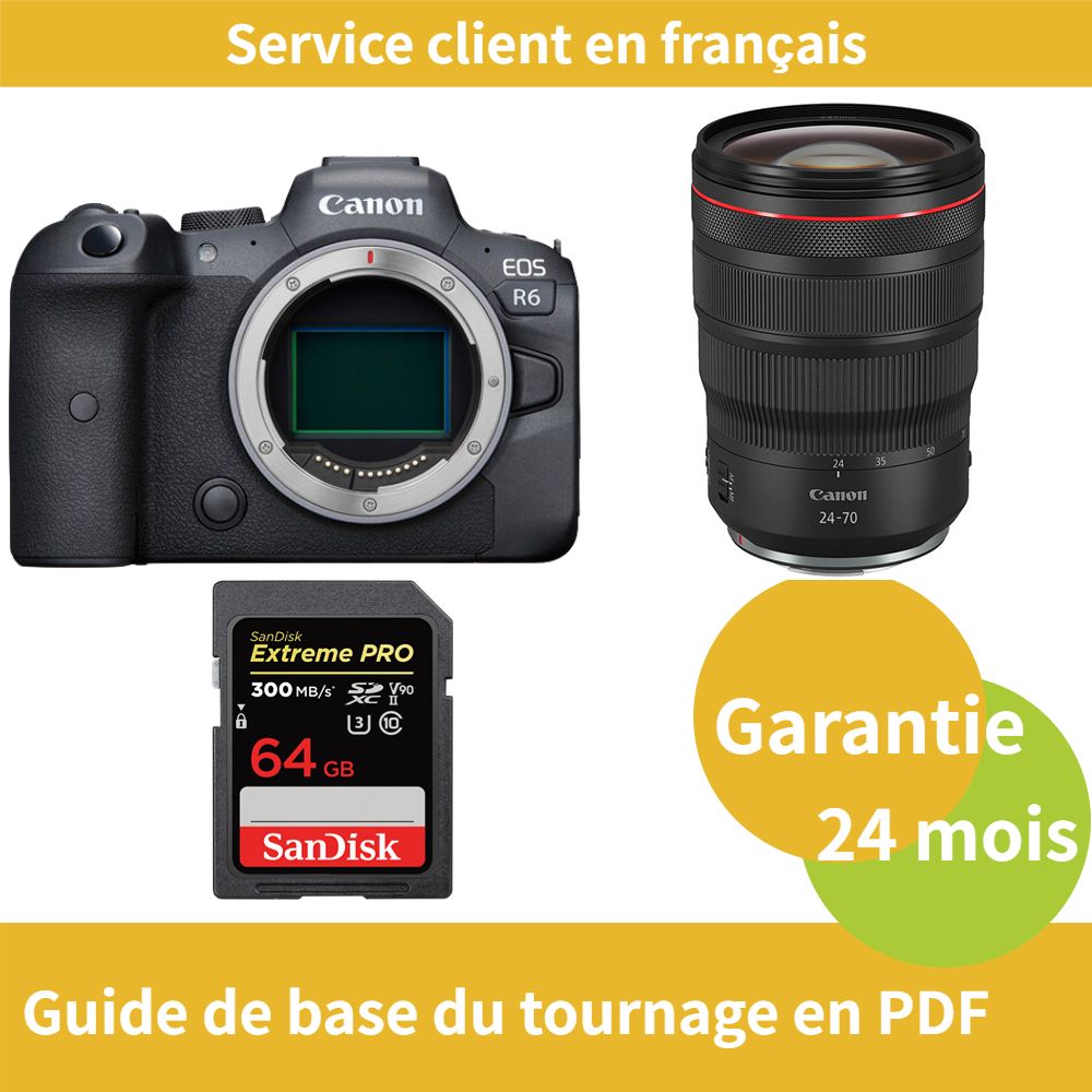 Appareil photo Canon EOS R6 + Objectif Canon RF 24-70mm f/2,8 L IS USM + Carte SDXC SanDisk Extreme PRO 64 Go