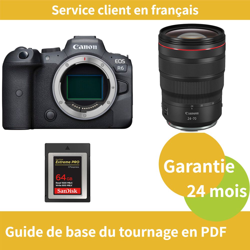 Appareil photo Canon EOS R6 + Objectif RF 24-70mm f/2.8 L IS USM + Carte SD SanDisk 64 Go Extrême (Type B CFexpress PRO)