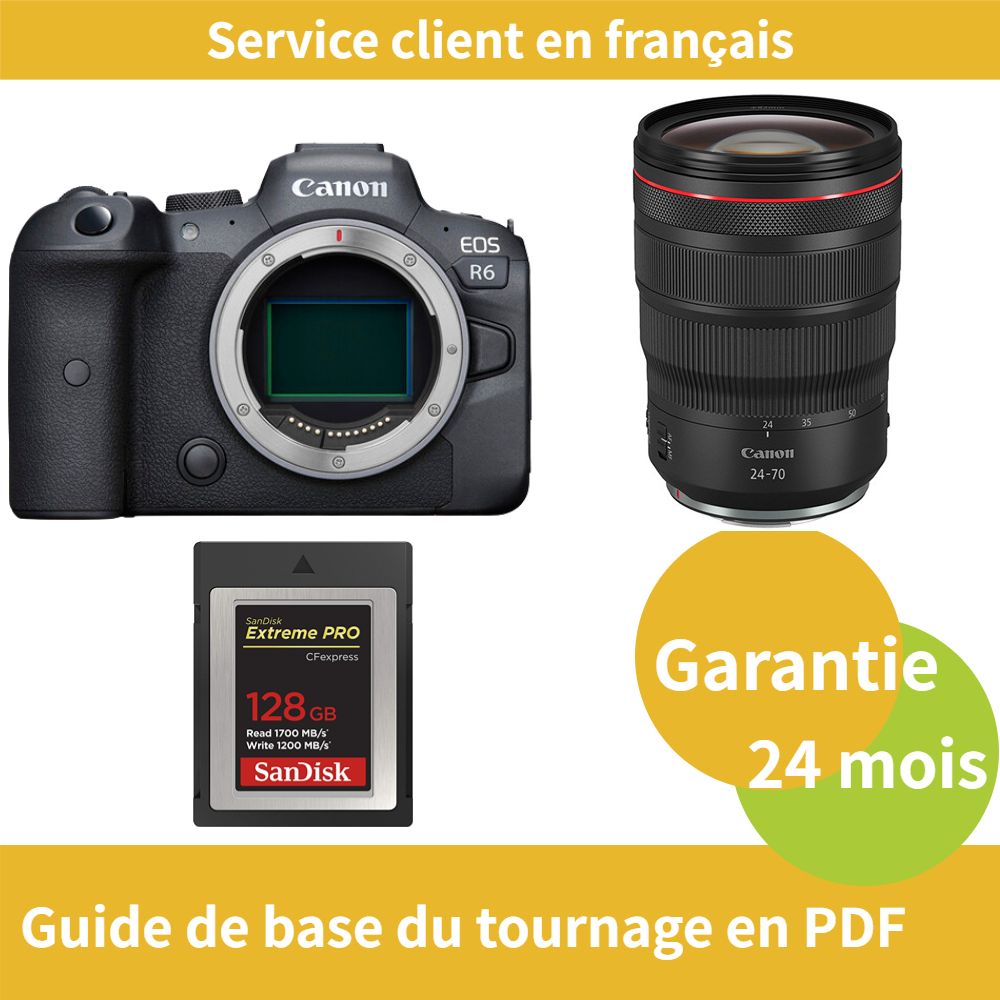 Appareil photo Canon EOS R6 + Objectif RF 24-70mm f/2,8 L IS USM + Carte SD SanDisk 128 Go Extrême (Type B)