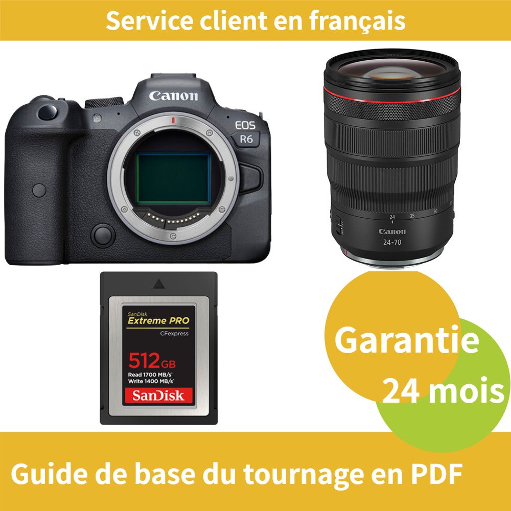 Canon EOS R6 Camera + RF 24-70mm f/2.8 L IS USM Lens + 512GB SanDisk Extreme SD Card (Type B)