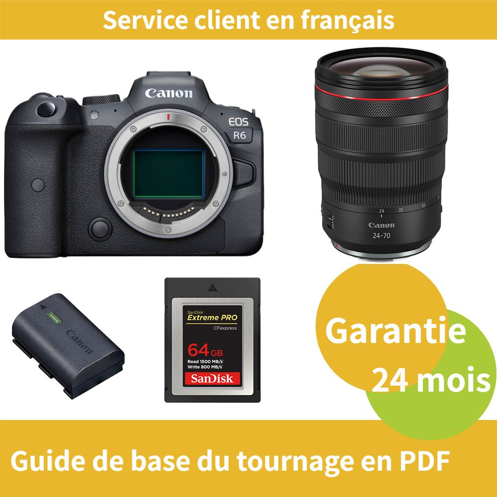 Canon EOS R6 Camera + RF 24-70mm f/2.8 L IS USM Lens + Official Canon LP-E6NH Battery + SanDisk 64GB Extreme SD Card (Type B)