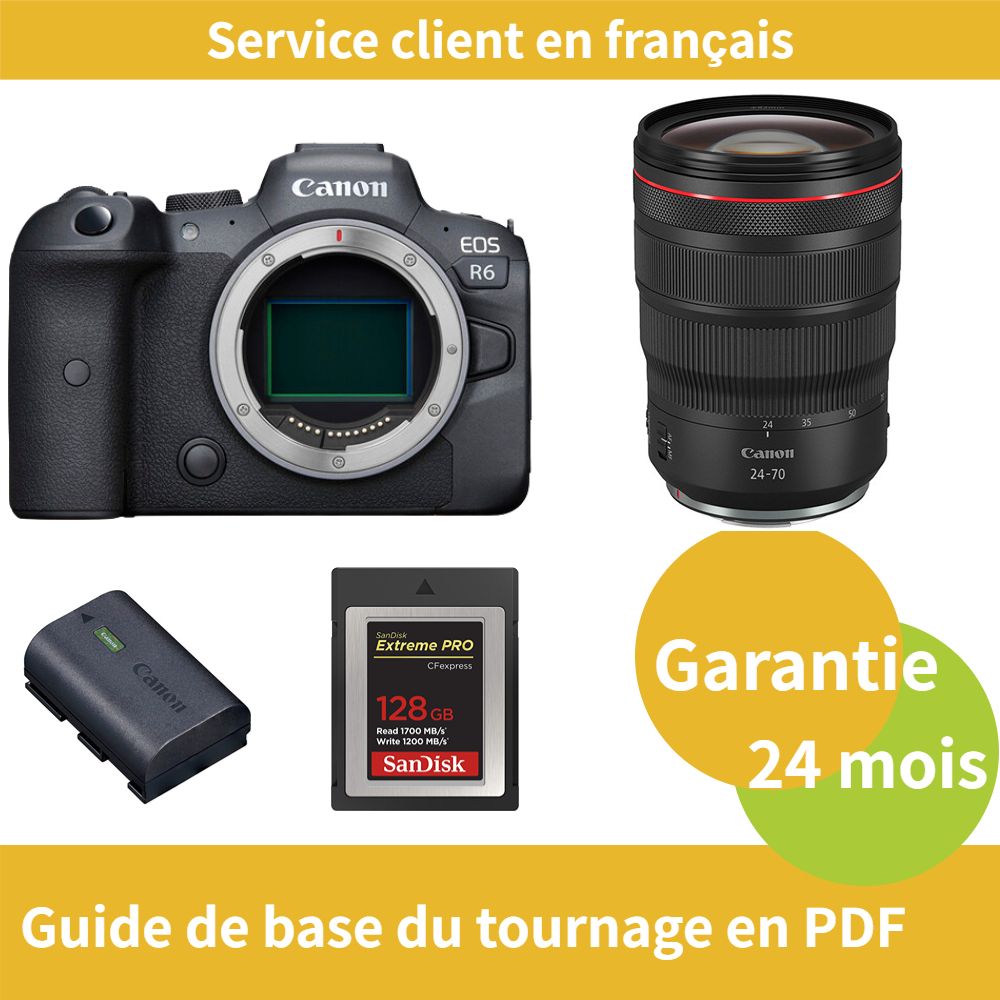 Kit Canon EOS R6 avec objectif RF24-70mm f/2.8 L IS USM + batterie LP-E6NH officielle + carte SD Extreme SanDisk de 128 Go (type B)