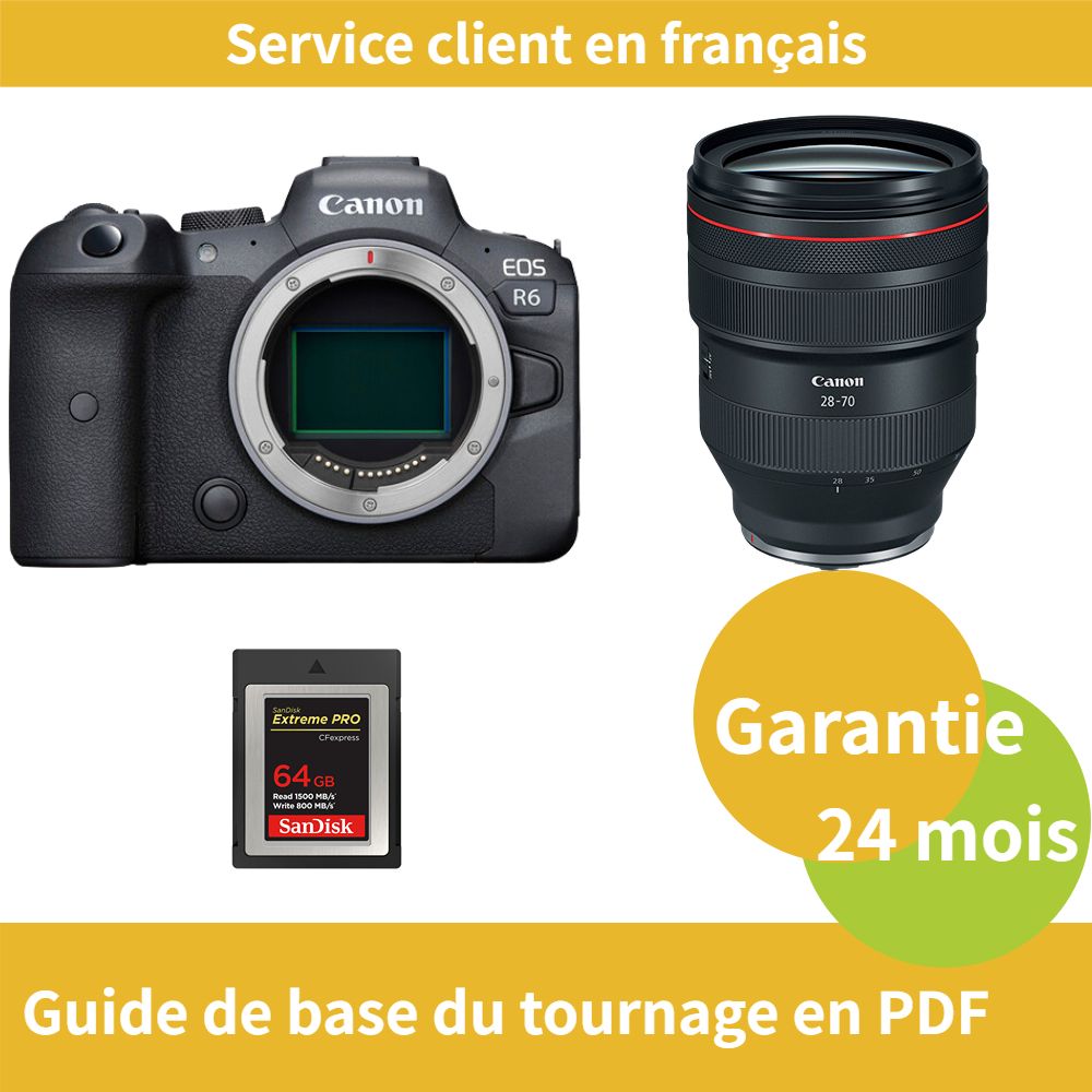 Appareil photo Canon EOS R6 + Objectif RF 28-70mm f/2 L USM + Carte SD 64 Go Sandisk Extreme PRO CFexpress Type B