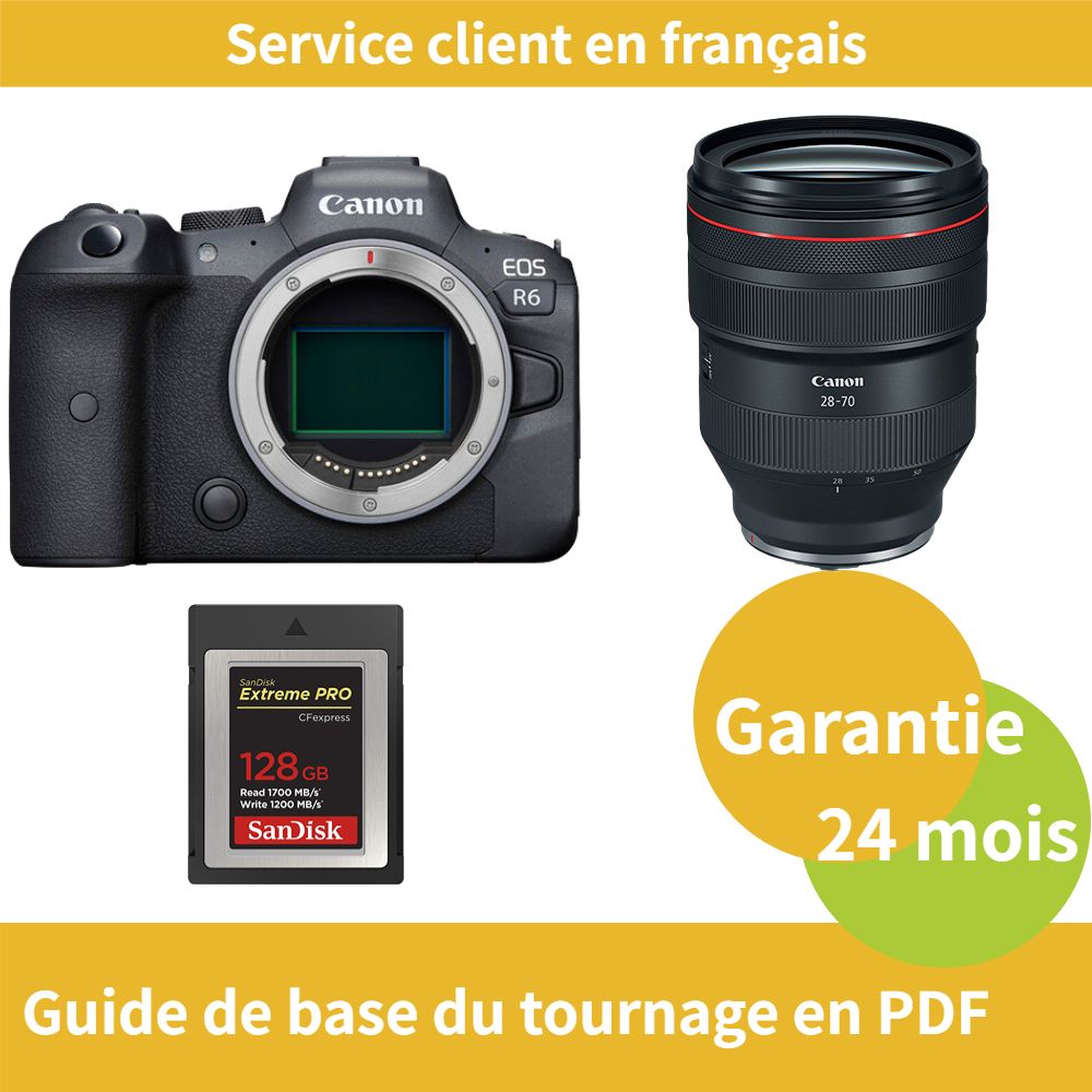 Kit Canon EOS R6 avec objectif RF 28-70mm f/2 L USM et carte SD SanDisk 128 Go Extrême (Type B)