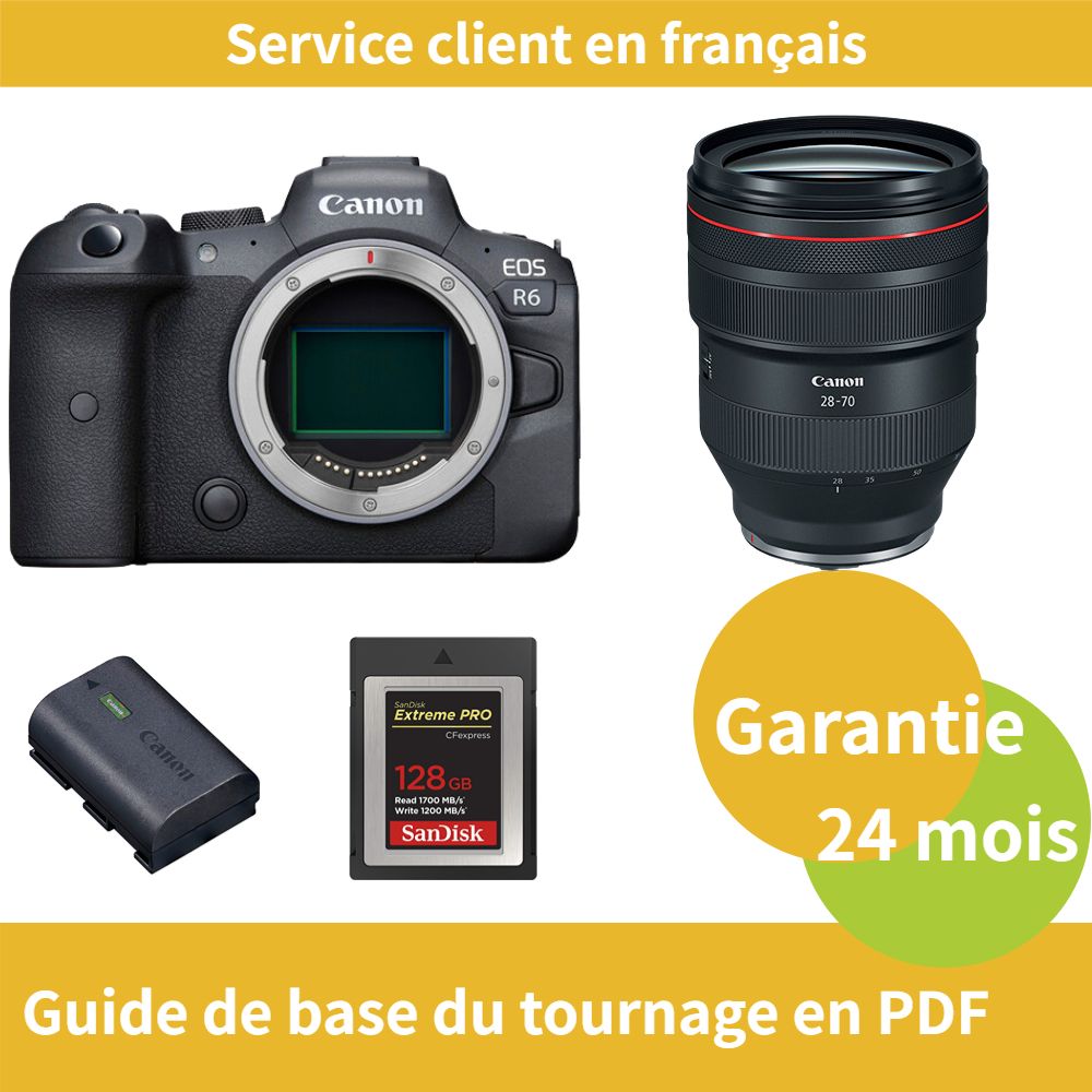 Kit Canon EOS R6 avec objectif RF 28-70mm f/2 L USM, batterie LP-E6NH officielle et carte SD Extreme 128 Go SanDisk (Type B)