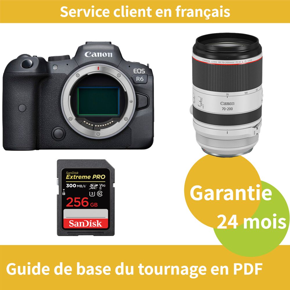 Appareil photo Canon EOS R6 + Objectif Canon RF 70-200mm f/2.8 L IS USM + Carte SDXC UHS-II SanDisk 256 Go Extreme PRO
