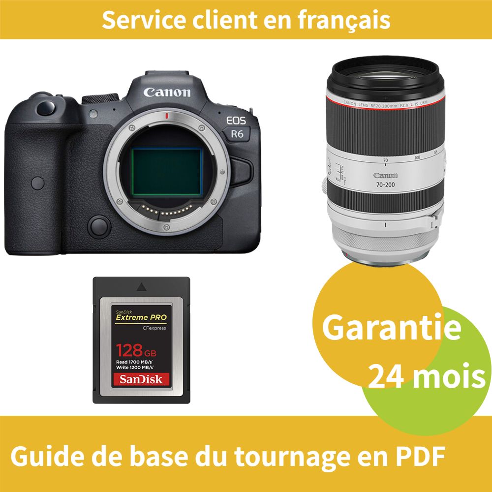 Appareil photo Canon EOS R6 + Objectif Canon RF 70-200mm f/2,8 L IS USM + Carte SD Sandisk 128 Go Extrême (Type B)