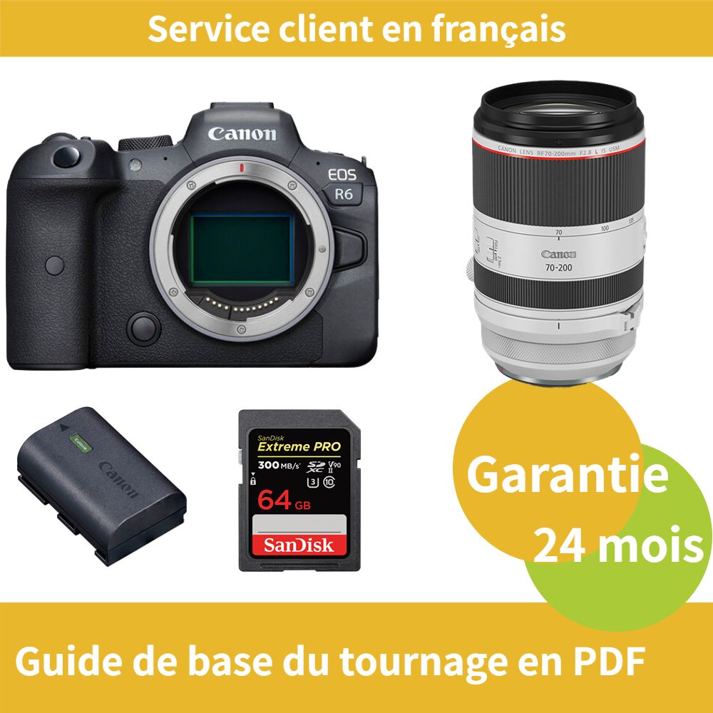 Kit Canon EOS R6 avec objectif RF 70-200mm f/2.8 L IS USM, batterie LP-E6NH officielle et carte SDXC UHS-II SanDisk 64 Go Extrême PRO