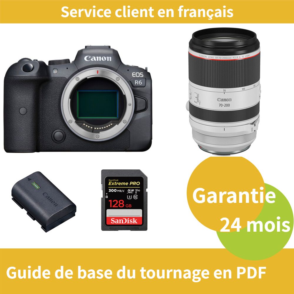 Kit Canon EOS R6 avec objectif RF 70-200mm f/2.8 L IS USM, batterie LP-E6NH officielle et carte SDXC UHS-II SanDisk 128 Go Extrême PRO