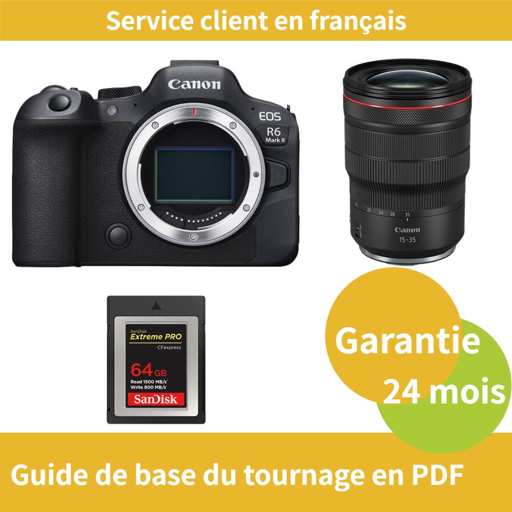 Canon EOS R6 Mark II Camera + Canon RF 15-35mm f/2.8 L IS USM Lens + SanDisk 64GB Extreme SD Card (Type B CFexpress)
