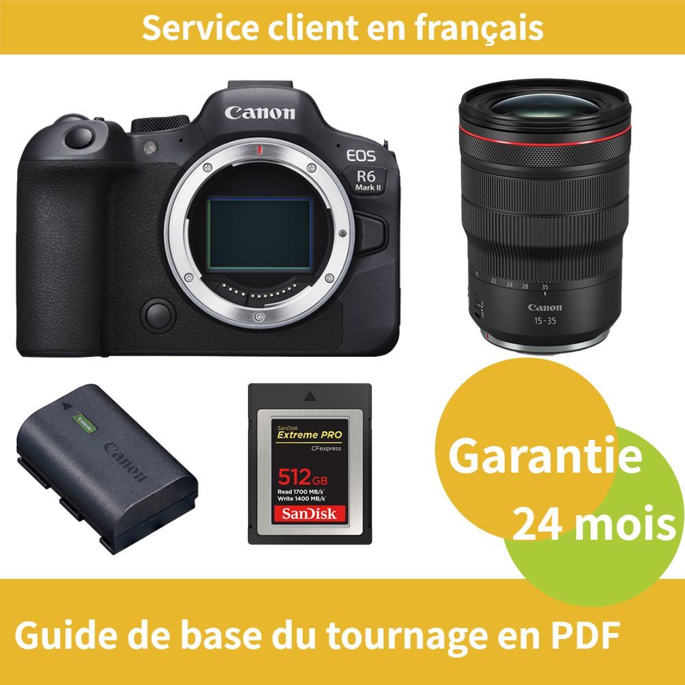 Canon EOS R6 Mark II Camera + RF 15-35mm f/2.8 L IS USM Lens + Official Canon LP-E6NH Battery + SanDisk 512GB Extreme SD Card (Type B)