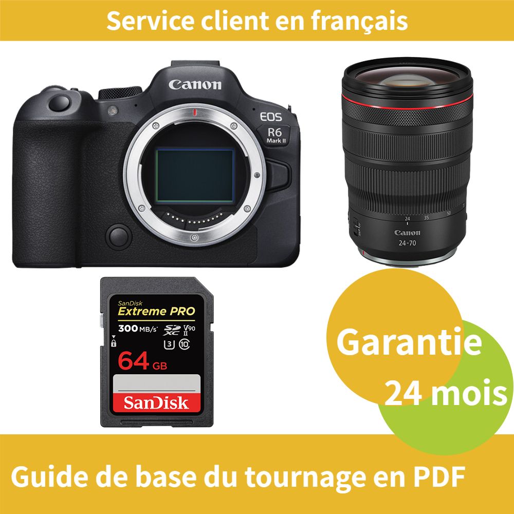 Canon EOS R6 Mark II Camera + Canon RF 24-70mm f/2.8 L IS USM Lens + SanDisk 64GB Extreme PRO SDXC UHS-II Card