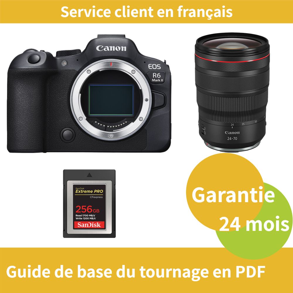 Canon EOS R6 Mark II Camera + Canon RF24-70mm F/2.8 L IS USM Lens + SanDisk 256GB Extreme SD Card (Type B)